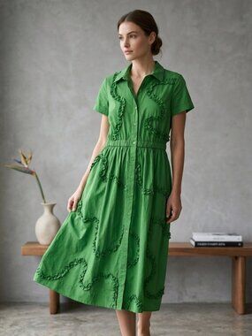 kate spade Vibrant Green Ruffle-Trim Button-Front Midi Dress